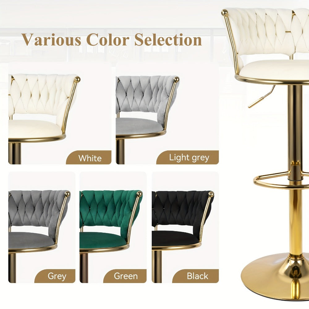 Bar Stool Velvet Set of 2 or 4 with Woven Back, Gold Pedestal, Footrest and Adjustable Swivel Seat