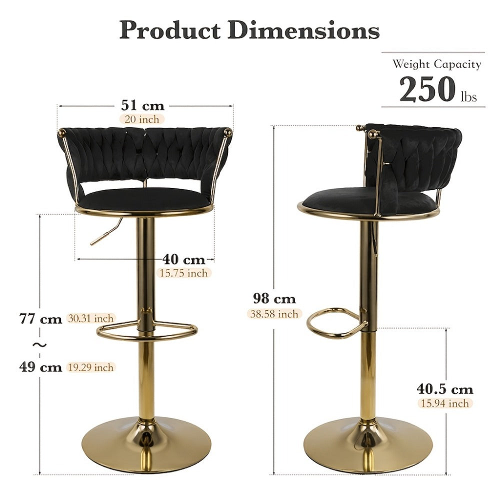 Bar Stool Velvet Set of 2 or 4 with Woven Back, Gold Pedestal, Footrest and Adjustable Swivel Seat