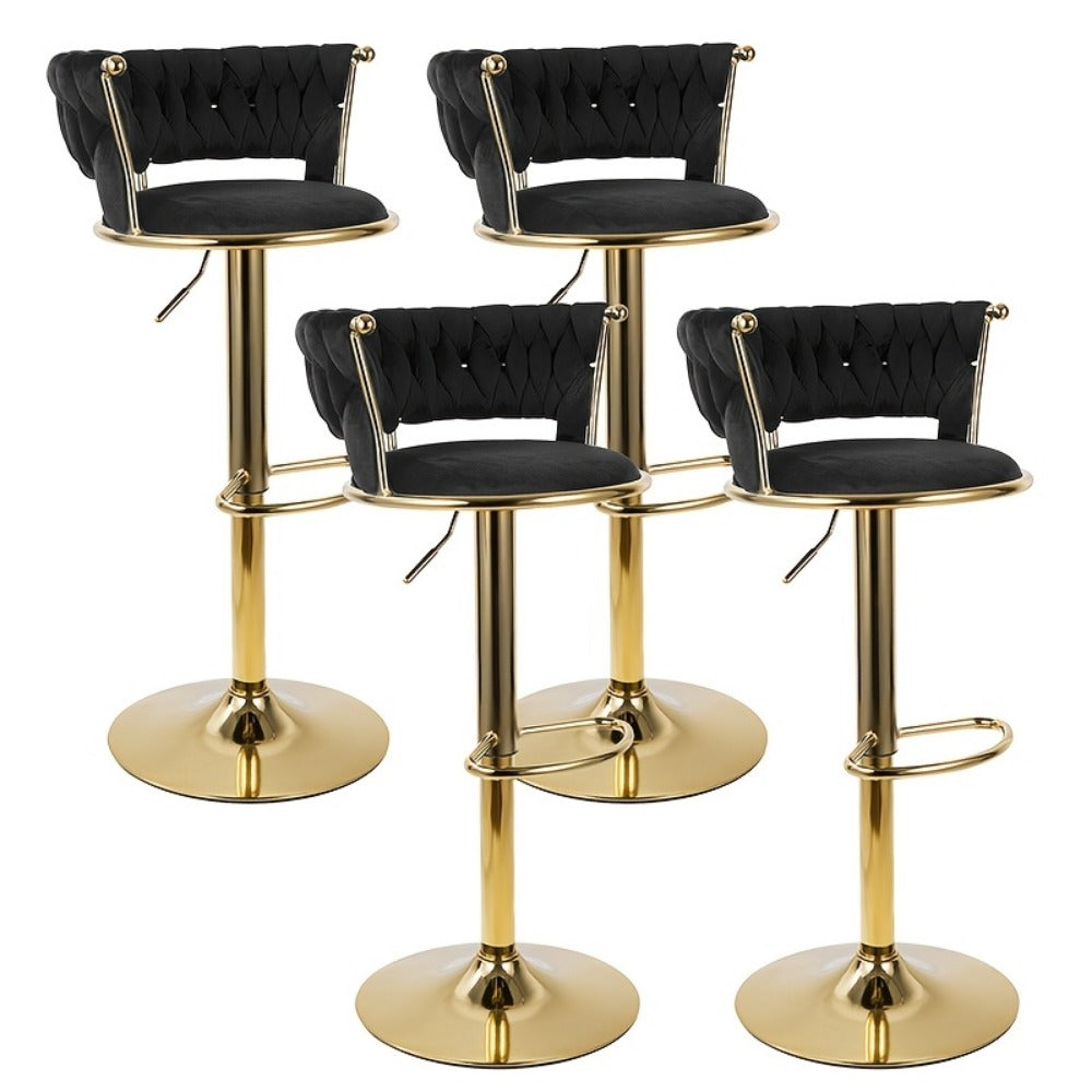 Bar Stool Velvet Set of 2 or 4 with Woven Back, Gold Pedestal, Footrest and Adjustable Swivel Seat