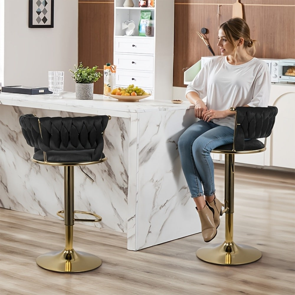 Bar Stool Velvet Set of 2 or 4 with Woven Back, Gold Pedestal, Footrest and Adjustable Swivel Seat