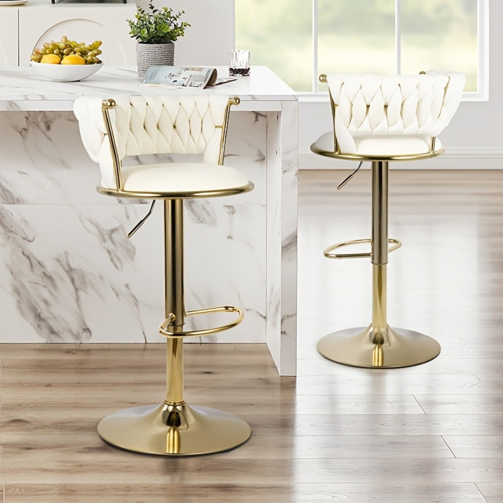 Bar Stool Velvet Set of 2 or 4 with Woven Back, Gold Pedestal, Footrest and Adjustable Swivel Seat