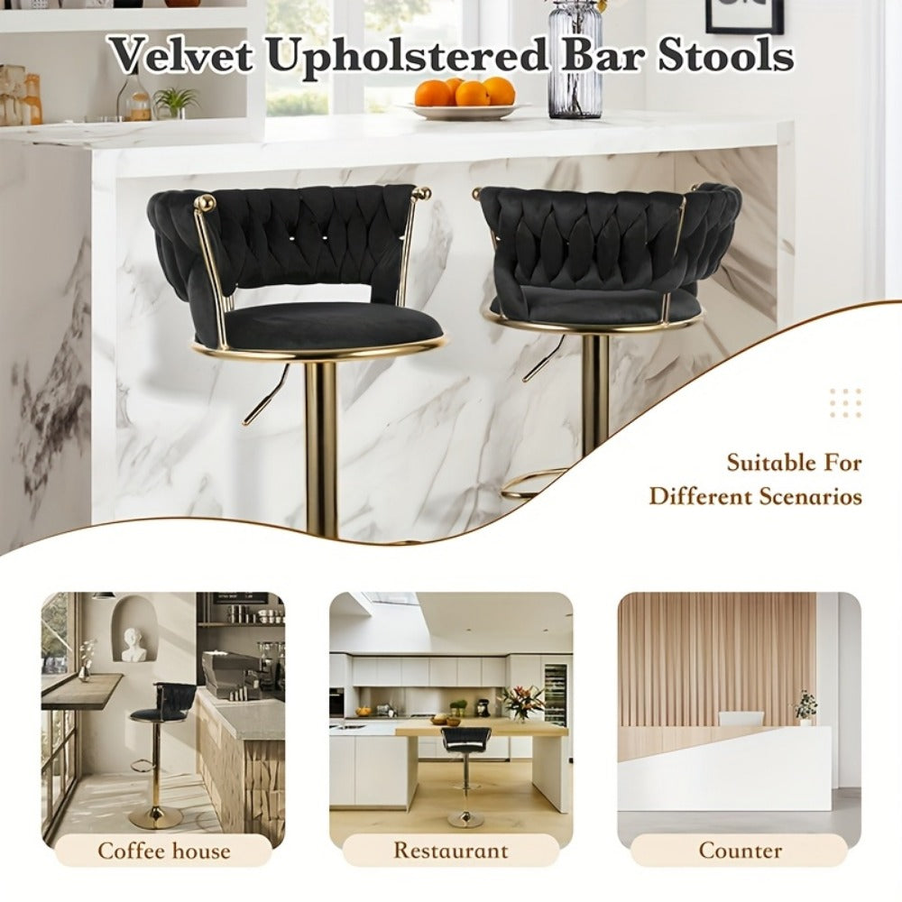 Bar Stool Velvet Set of 2 or 4 with Woven Back, Gold Pedestal, Footrest and Adjustable Swivel Seat