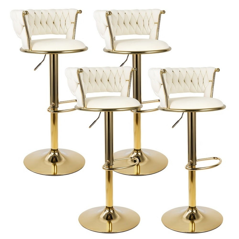 Bar Stool Velvet Set of 2 or 4 with Woven Back, Gold Pedestal, Footrest and Adjustable Swivel Seat