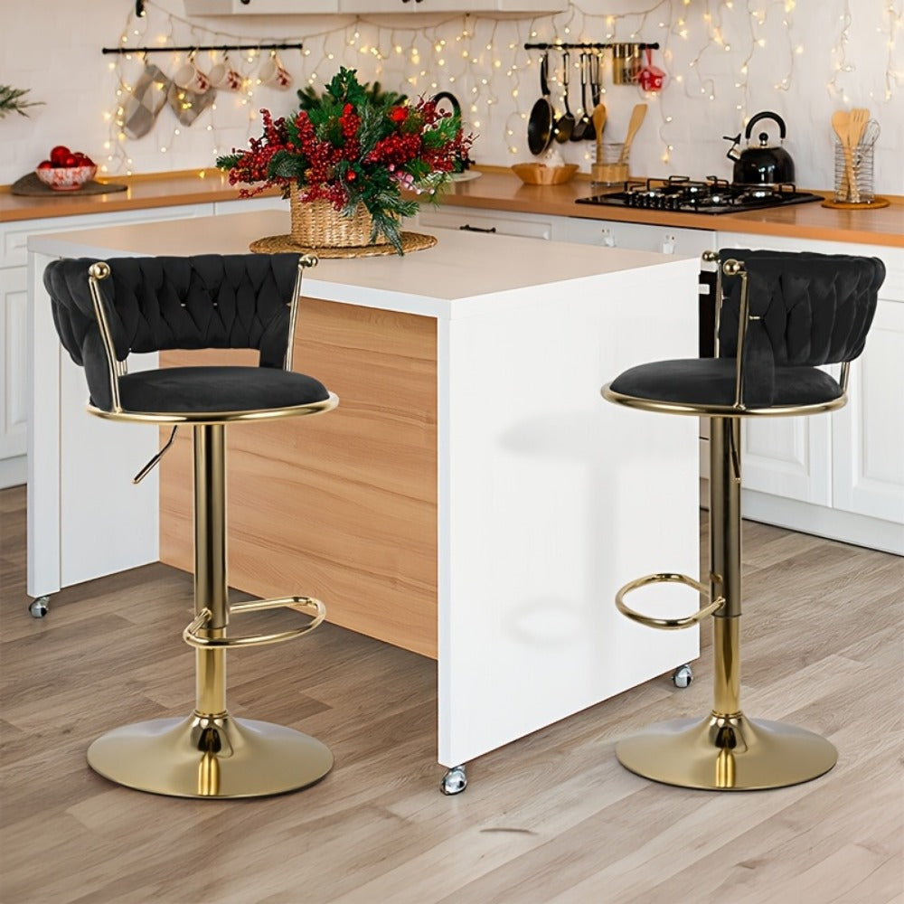 Bar Stool Velvet Set of 2 or 4 with Woven Back, Gold Pedestal, Footrest and Adjustable Swivel Seat