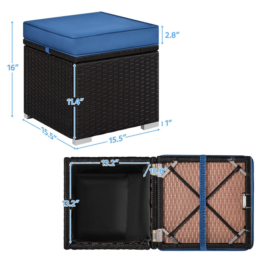 2-Piece Set Wicker Outdoor Ottoman with Hidden Storage and Removable Cushions