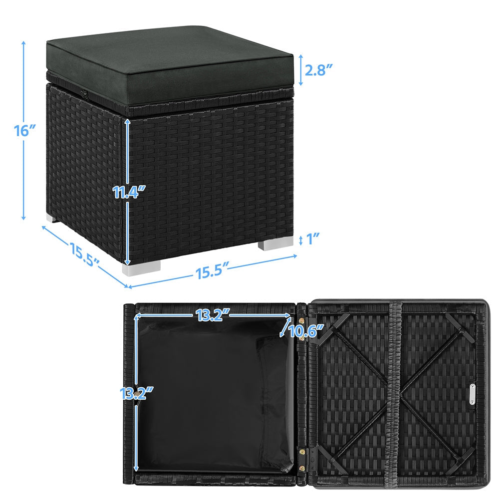 2-Piece Set Wicker Outdoor Ottoman with Hidden Storage and Removable Cushions