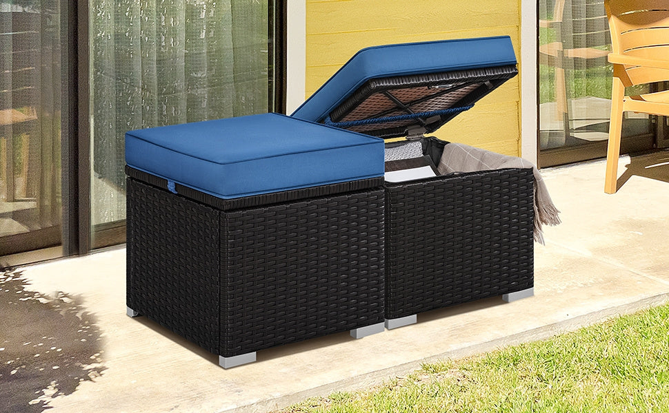 2-Piece Set Wicker Outdoor Ottoman with Hidden Storage and Removable Cushions