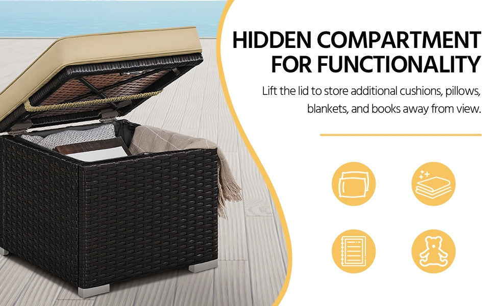 2-Piece Set Wicker Outdoor Ottoman with Hidden Storage and Removable Cushions