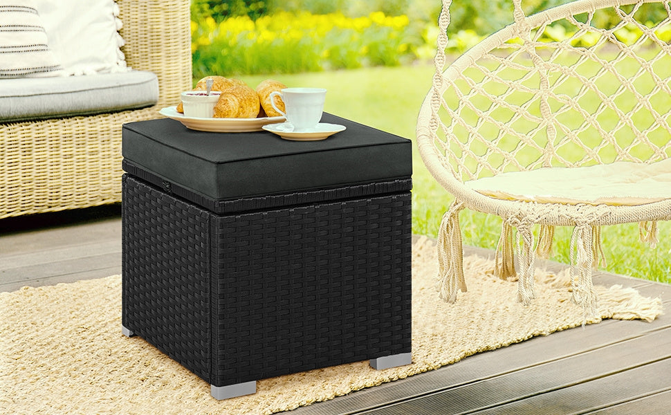 2-Piece Set Wicker Outdoor Ottoman with Hidden Storage and Removable Cushions