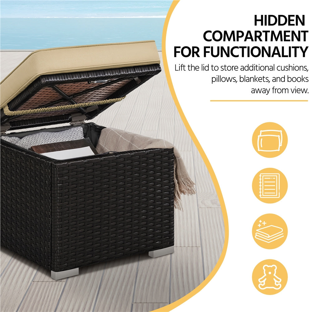 2-Piece Set Wicker Outdoor Ottoman with Hidden Storage and Removable Cushions