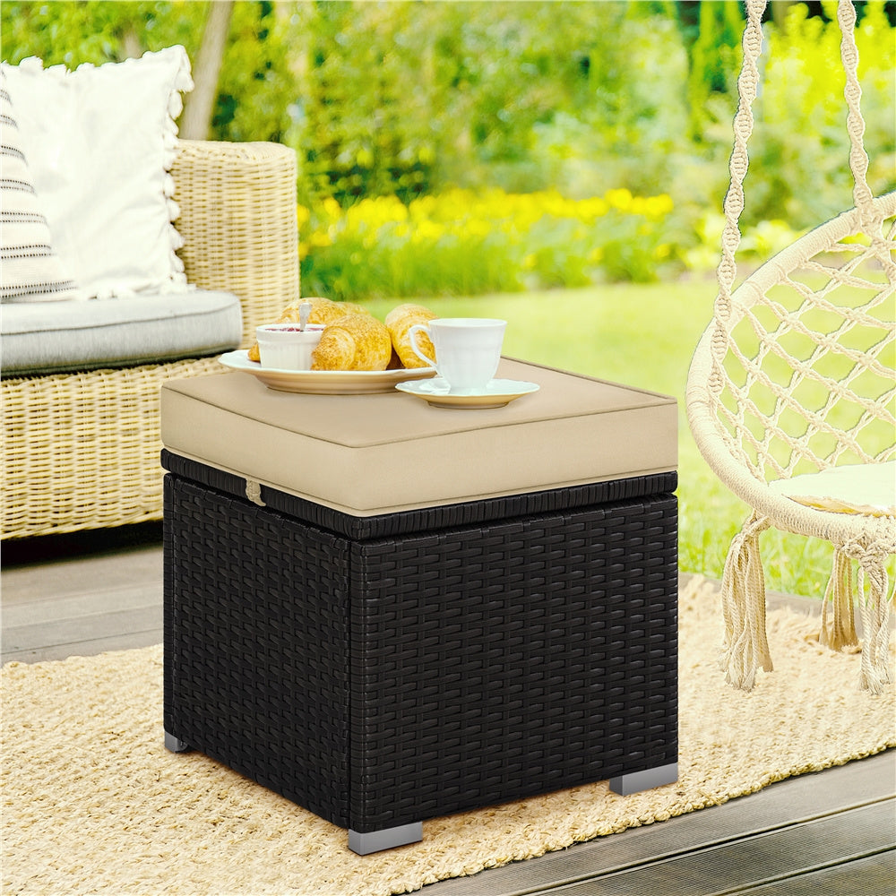 2-Piece Set Wicker Outdoor Ottoman with Hidden Storage and Removable Cushions