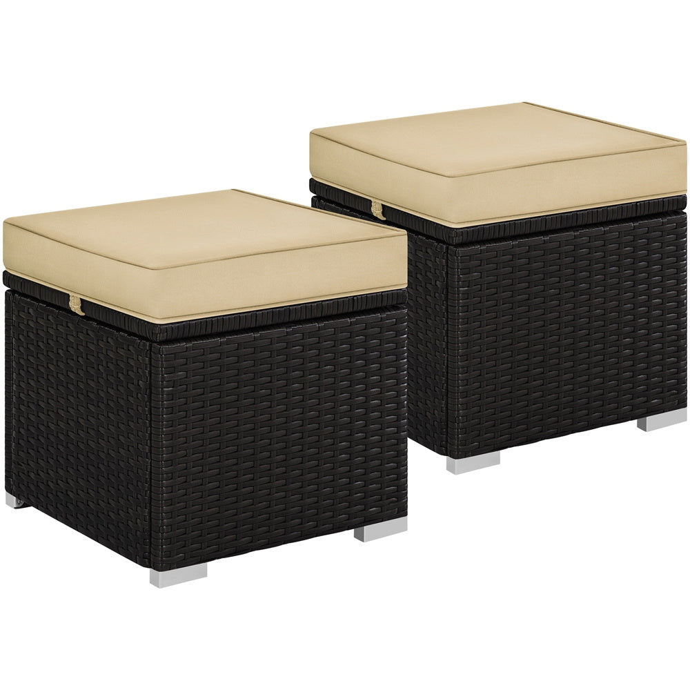 2-Piece Set Wicker Outdoor Ottoman with Hidden Storage and Removable Cushions