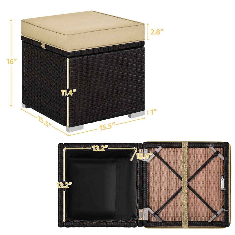 2-Piece Set Wicker Outdoor Ottoman with Hidden Storage and Removable Cushions