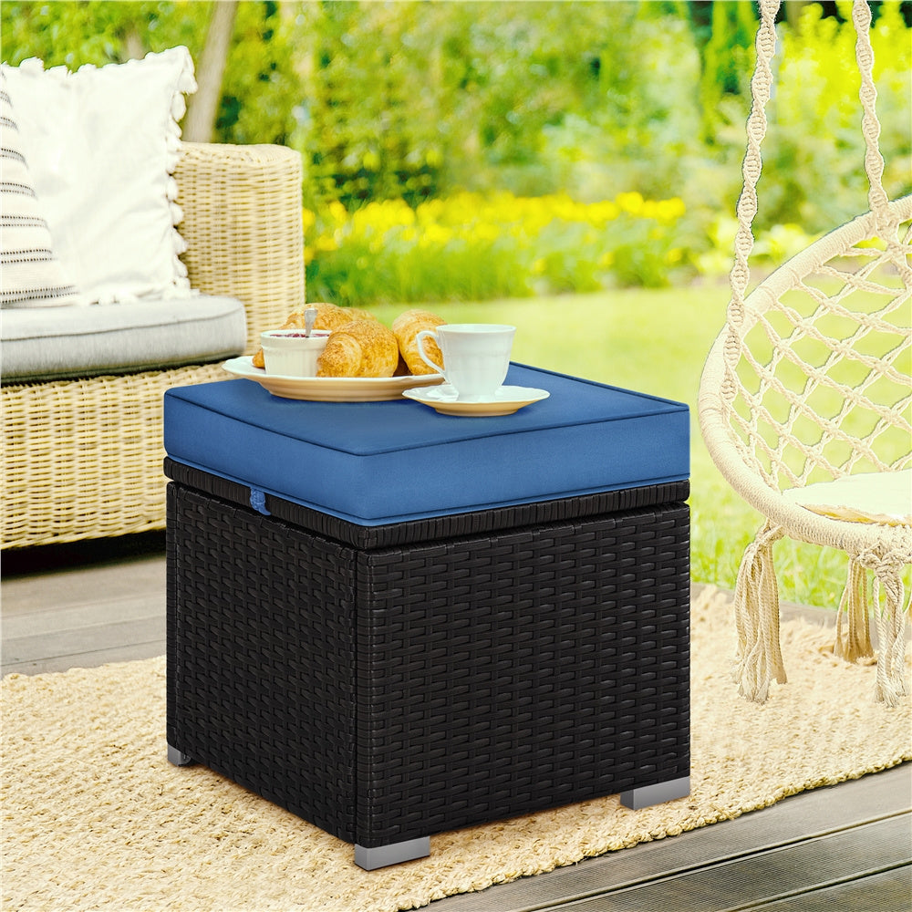 2-Piece Set Wicker Outdoor Ottoman with Hidden Storage and Removable Cushions