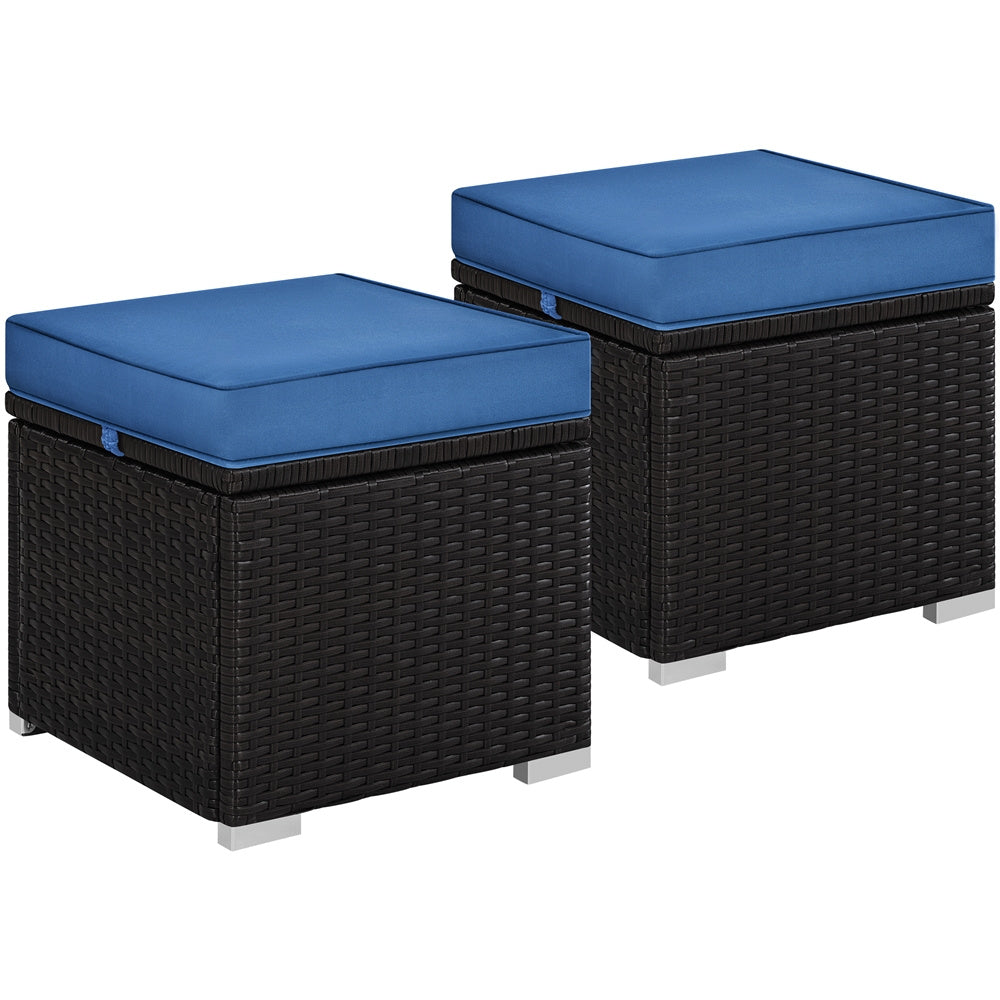 2-Piece Set Wicker Outdoor Ottoman with Hidden Storage and Removable Cushions