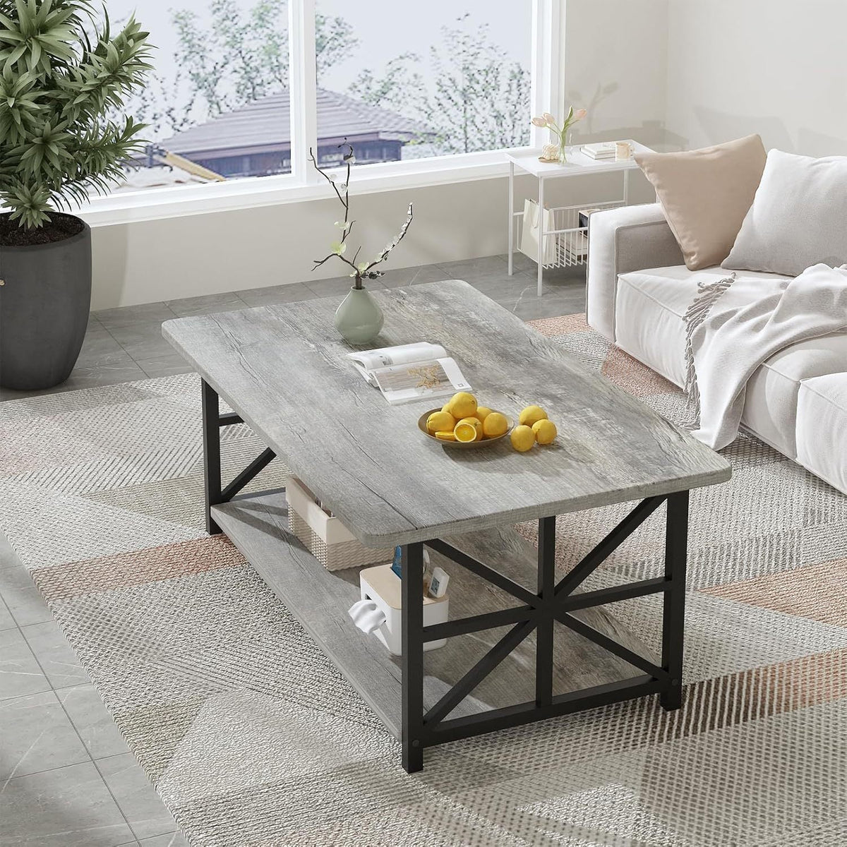 Coffee Table with 2-Tier Faux Marble MDF Surfaces, Asterisk Metal Side Frames and Three Color Options