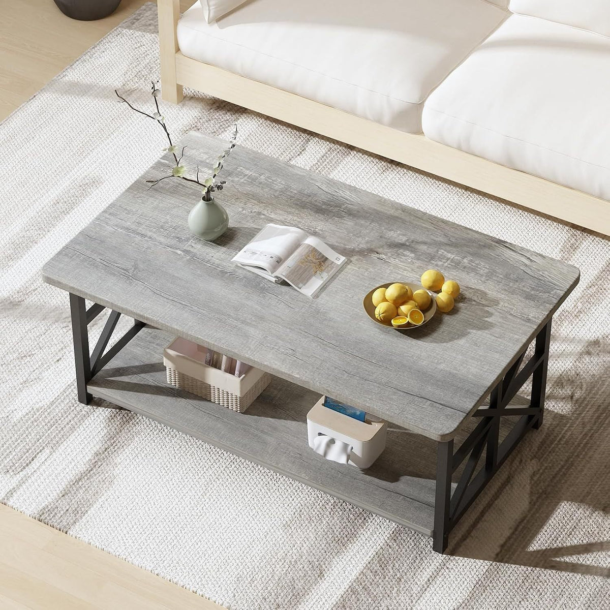 Coffee Table with 2-Tier Faux Marble MDF Surfaces, Asterisk Metal Side Frames and Three Color Options