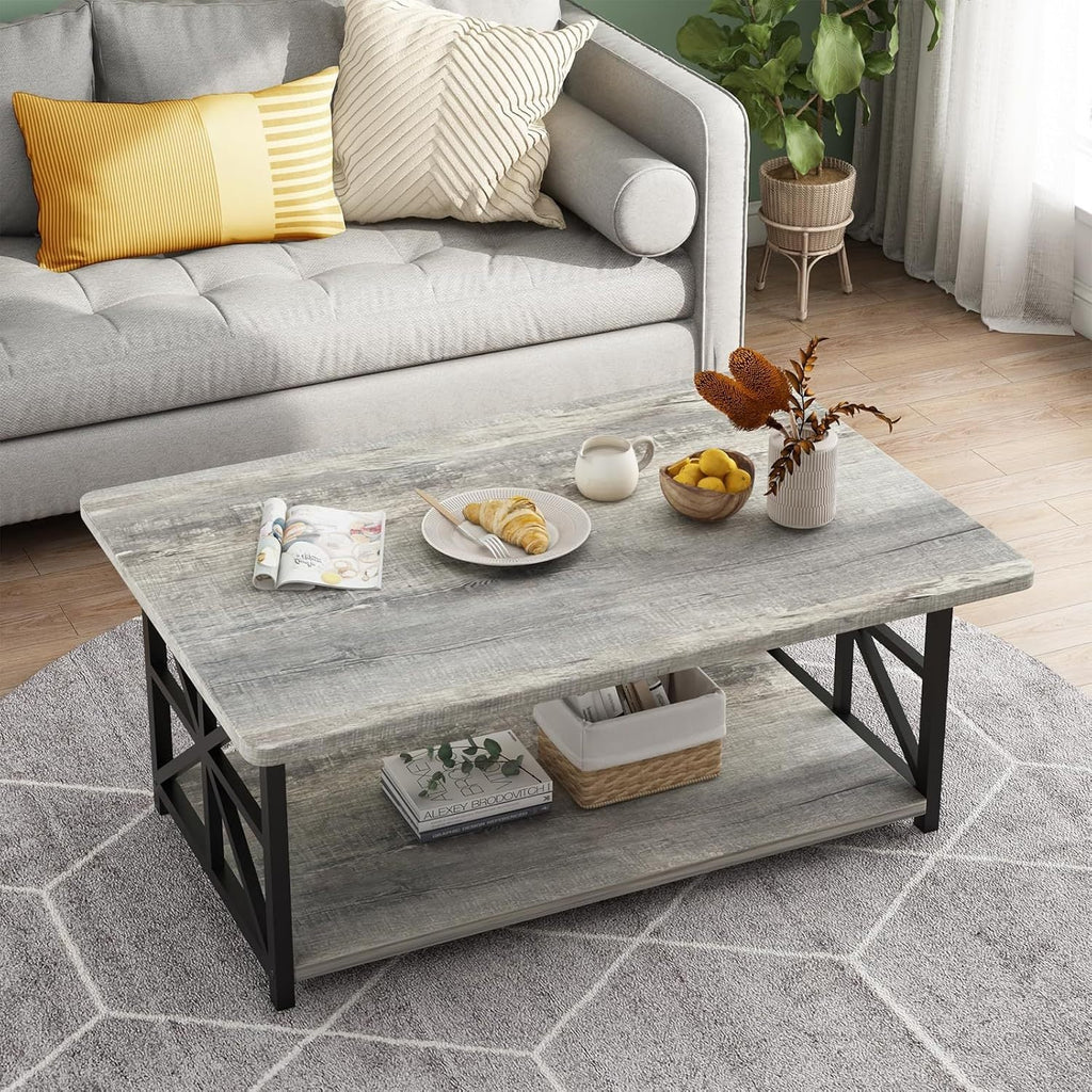 Coffee Table with 2-Tier Faux Marble MDF Surfaces, Asterisk Metal Side Frames and Three Color Options