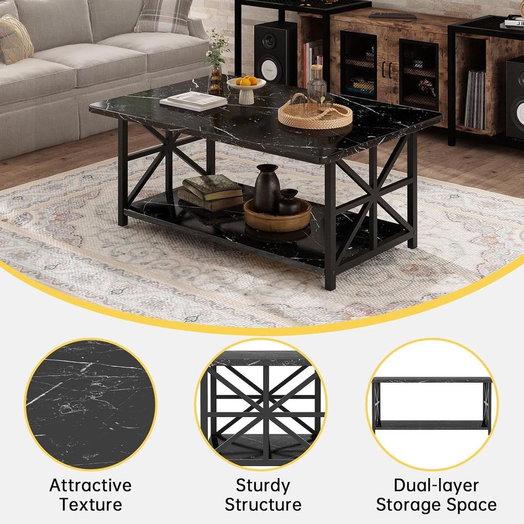 Coffee Table with 2-Tier Faux Marble MDF Surfaces, Asterisk Metal Side Frames and Three Color Options