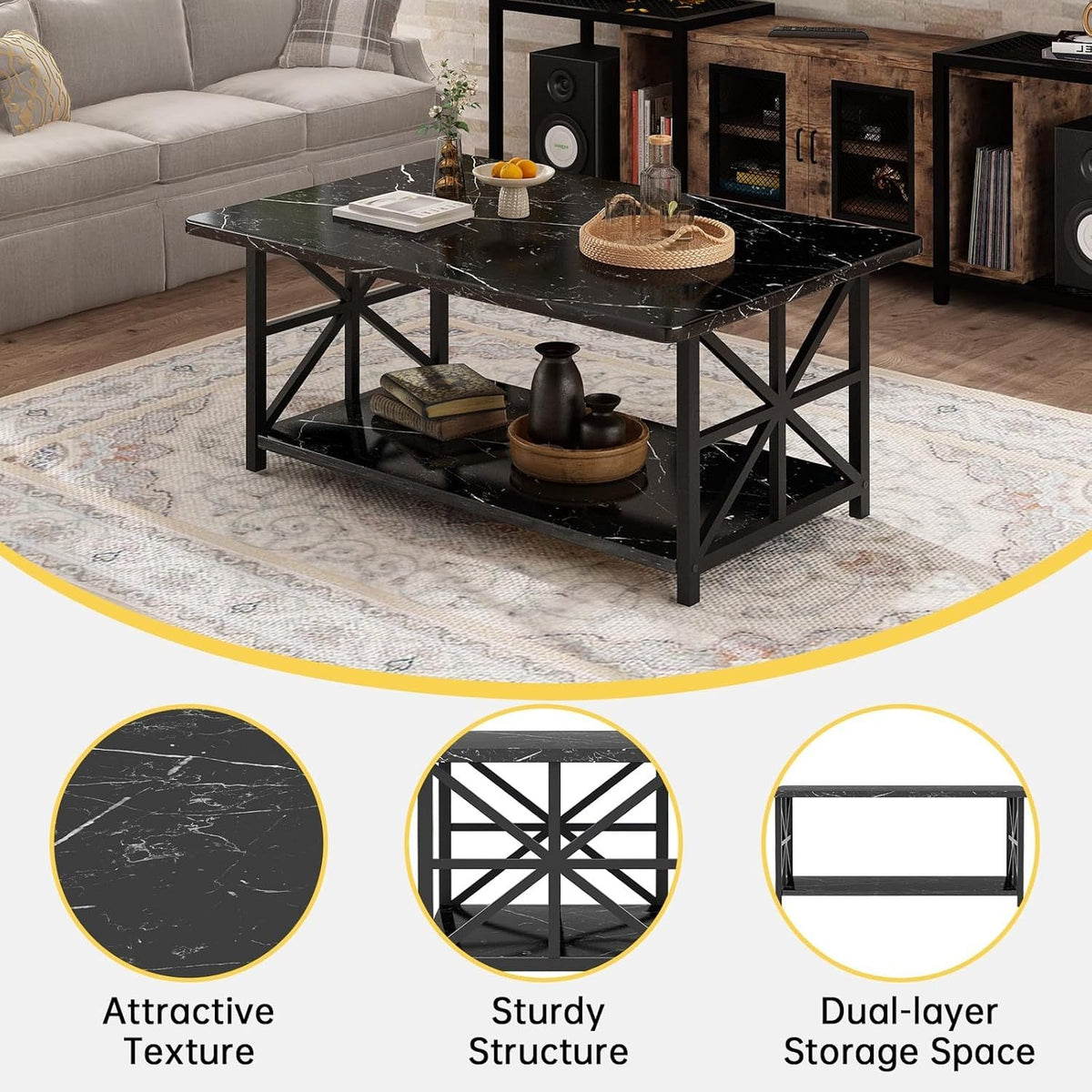 Coffee Table with 2-Tier Faux Marble MDF Surfaces, Asterisk Metal Side Frames and Three Color Options