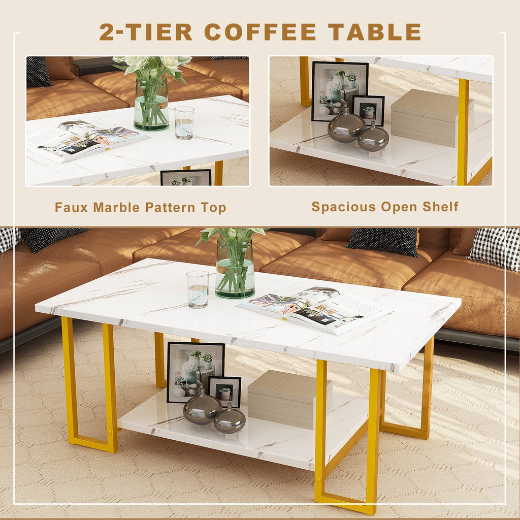Coffee Table with 2-Tier Faux Marble MDF Surfaces, Asterisk Metal Side Frames and Three Color Options