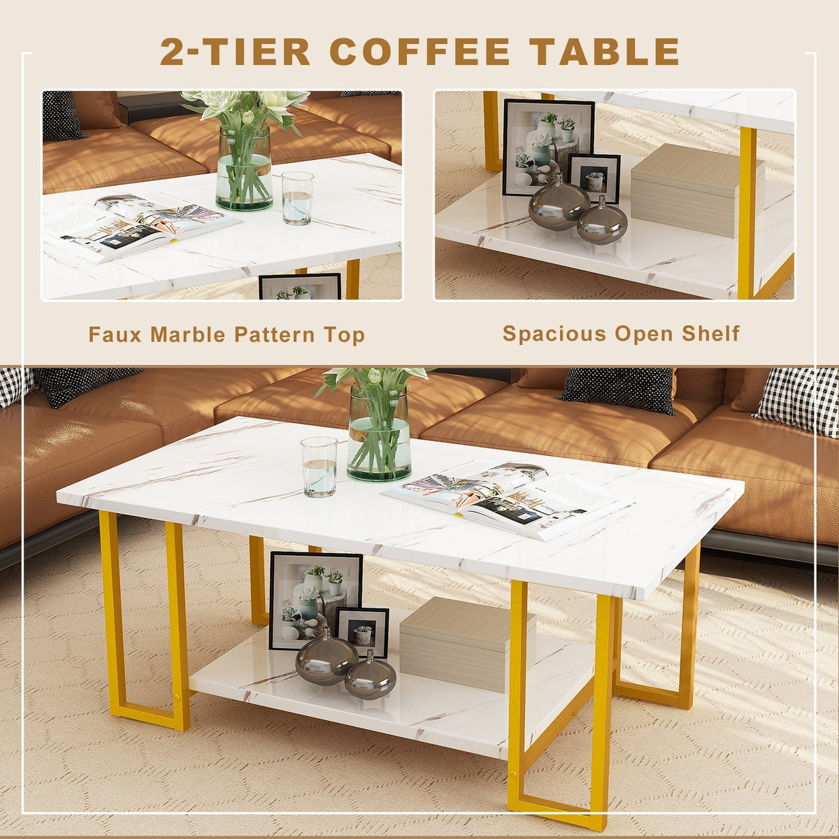 Coffee Table with 2-Tier Faux Marble MDF Surfaces, Asterisk Metal Side Frames and Three Color Options