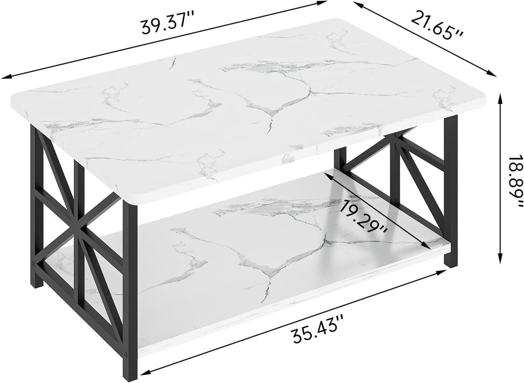 Coffee Table with 2-Tier Faux Marble MDF Surfaces, Asterisk Metal Side Frames and Three Color Options