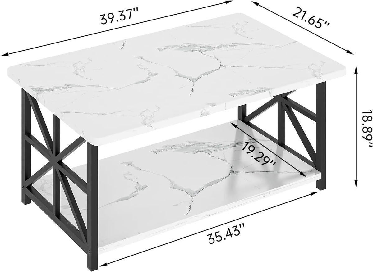 Coffee Table with 2-Tier Faux Marble MDF Surfaces, Asterisk Metal Side Frames and Three Color Options
