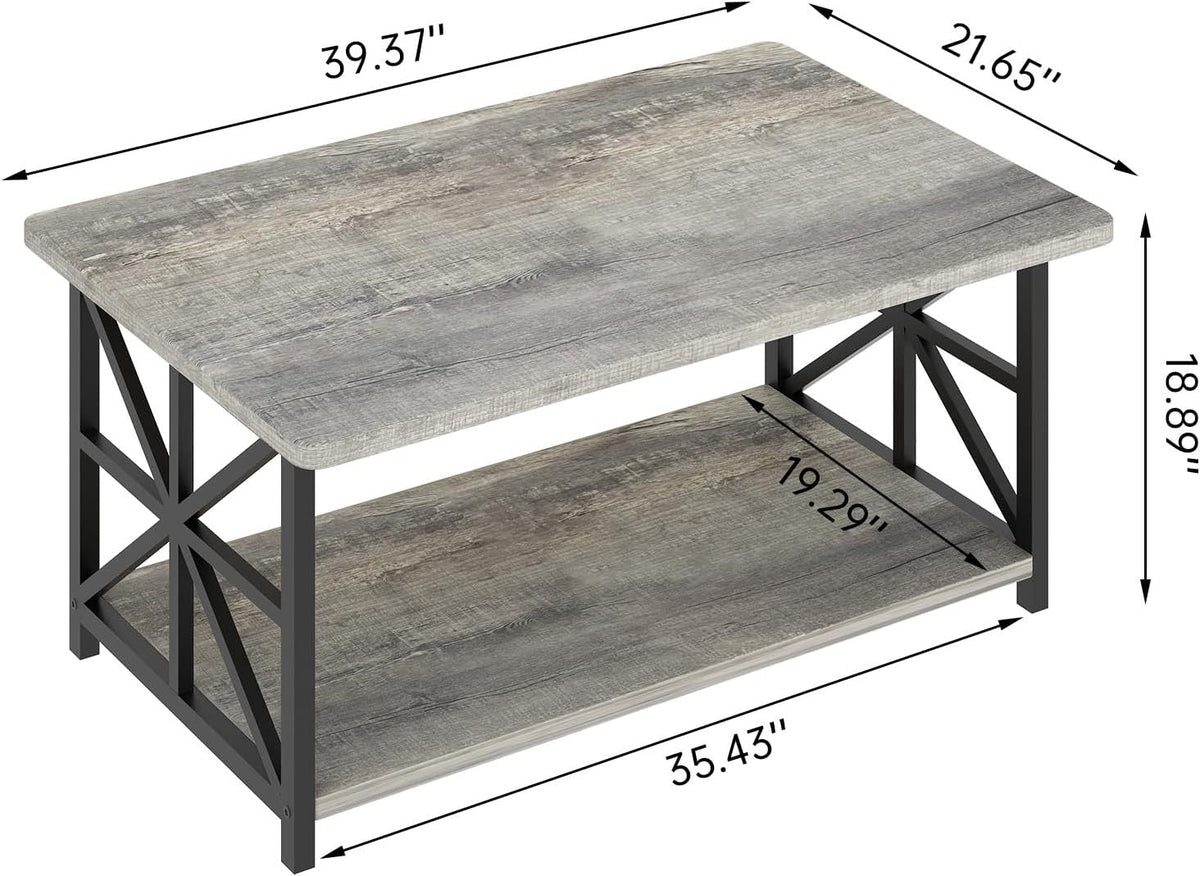 Coffee Table with 2-Tier Faux Marble MDF Surfaces, Asterisk Metal Side Frames and Three Color Options