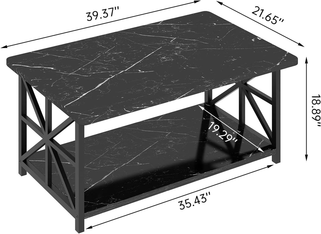 Coffee Table with 2-Tier Faux Marble MDF Surfaces, Asterisk Metal Side Frames and Three Color Options