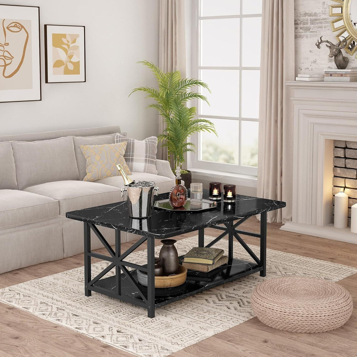 Coffee Table with 2-Tier Faux Marble MDF Surfaces, Asterisk Metal Side Frames and Three Color Options