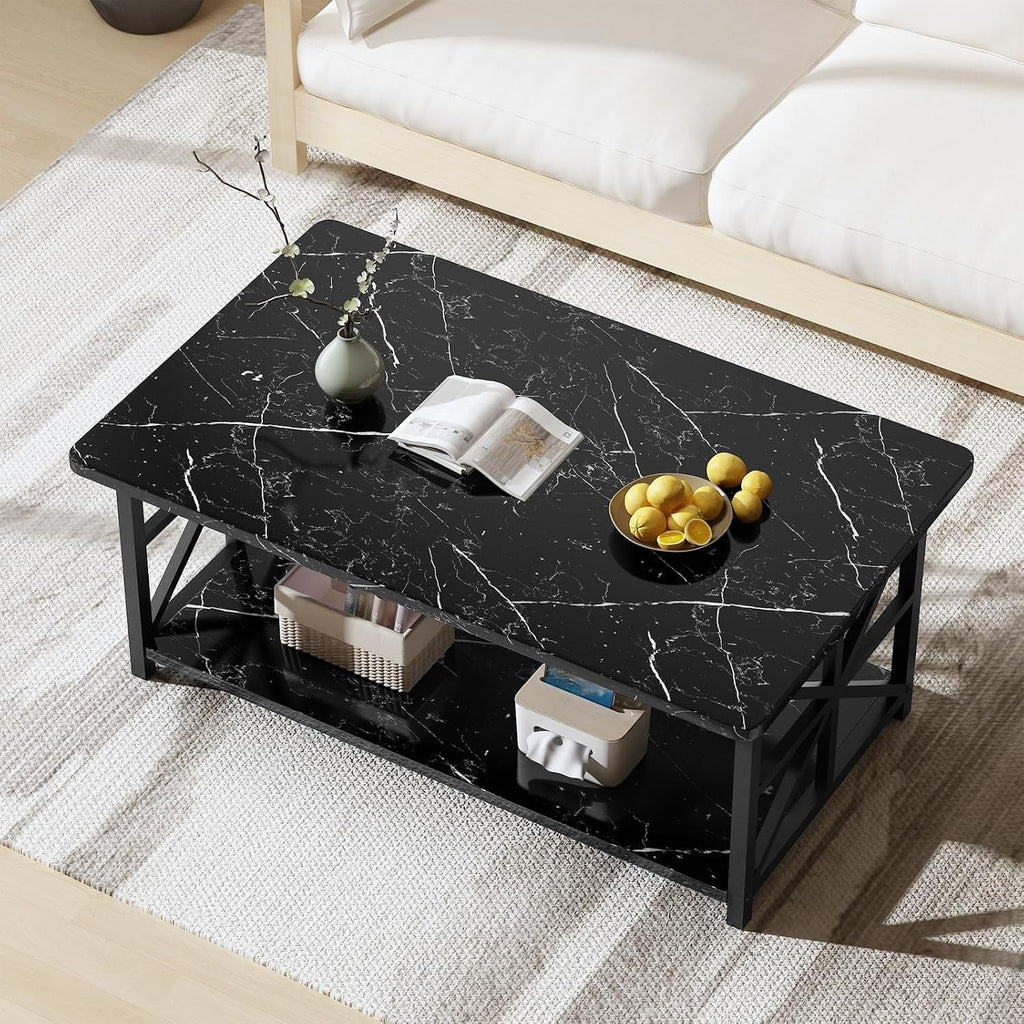 Coffee Table with 2-Tier Faux Marble MDF Surfaces, Asterisk Metal Side Frames and Three Color Options