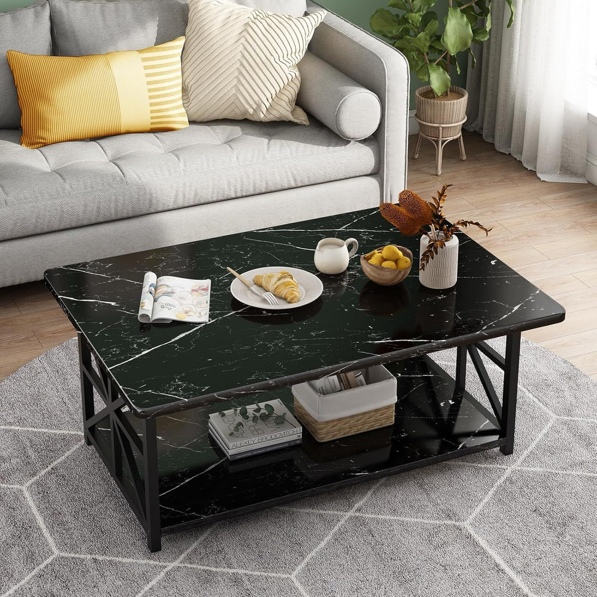 Coffee Table with 2-Tier Faux Marble MDF Surfaces, Asterisk Metal Side Frames and Three Color Options