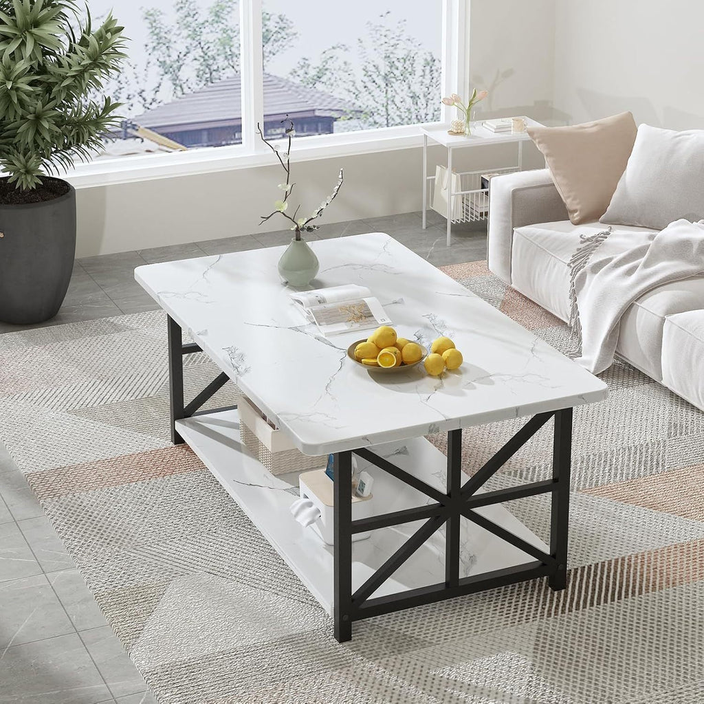 Coffee Table with 2-Tier Faux Marble MDF Surfaces, Asterisk Metal Side Frames and Three Color Options