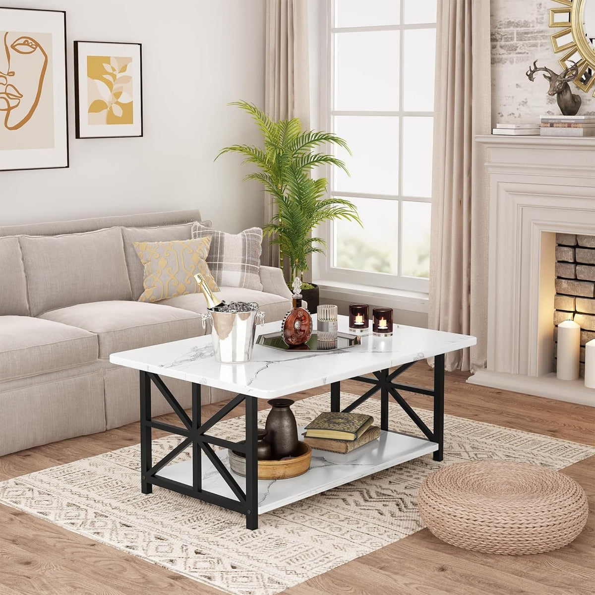 Coffee Table with 2-Tier Faux Marble MDF Surfaces, Asterisk Metal Side Frames and Three Color Options