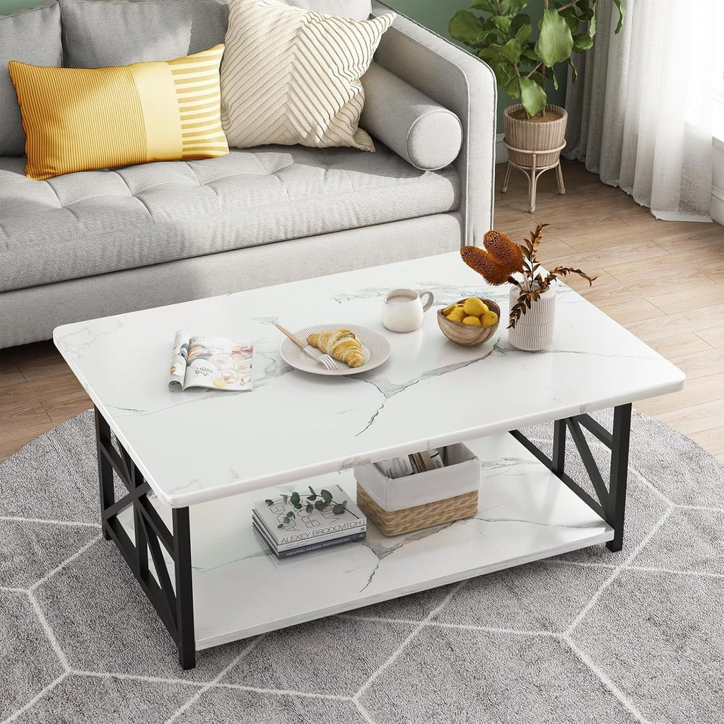Coffee Table with 2-Tier Faux Marble MDF Surfaces, Asterisk Metal Side Frames and Three Color Options