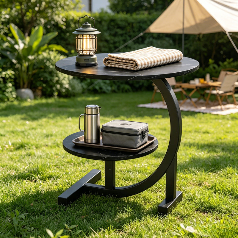 Outdoor Side Table 2-Tier C-Shaped Metal Frame with Faux Marble Top and Lower Shelf in Four Finishes