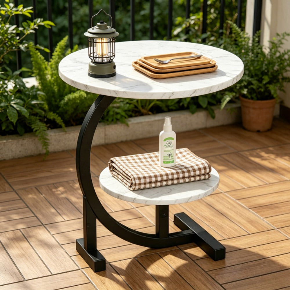 Outdoor Side Table 2-Tier C-Shaped Metal Frame with Faux Marble Top and Lower Shelf in Four Finishes