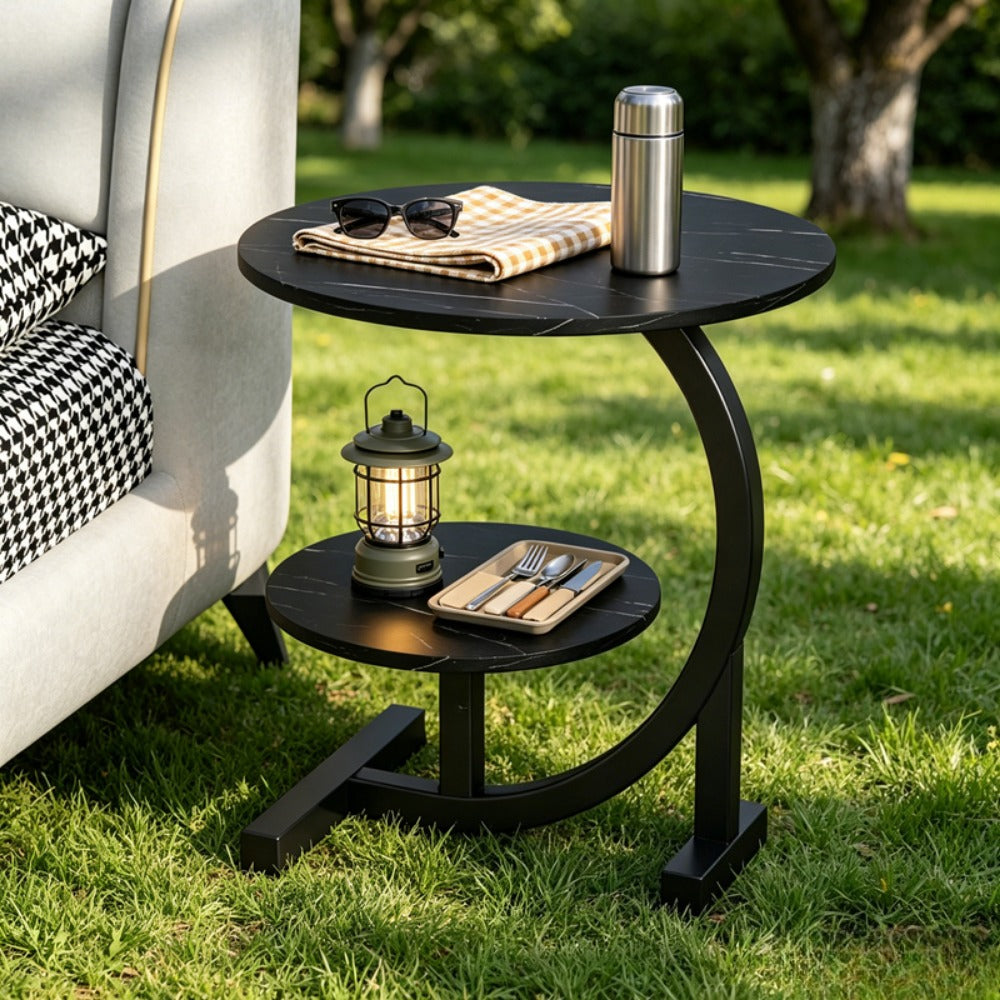 Outdoor Side Table 2-Tier C-Shaped Metal Frame with Faux Marble Top and Lower Shelf in Four Finishes