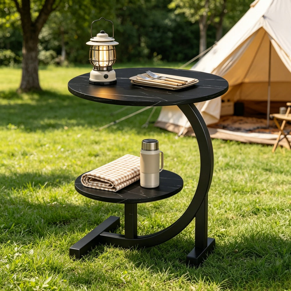 Outdoor Side Table 2-Tier C-Shaped Metal Frame with Faux Marble Top and Lower Shelf in Four Finishes