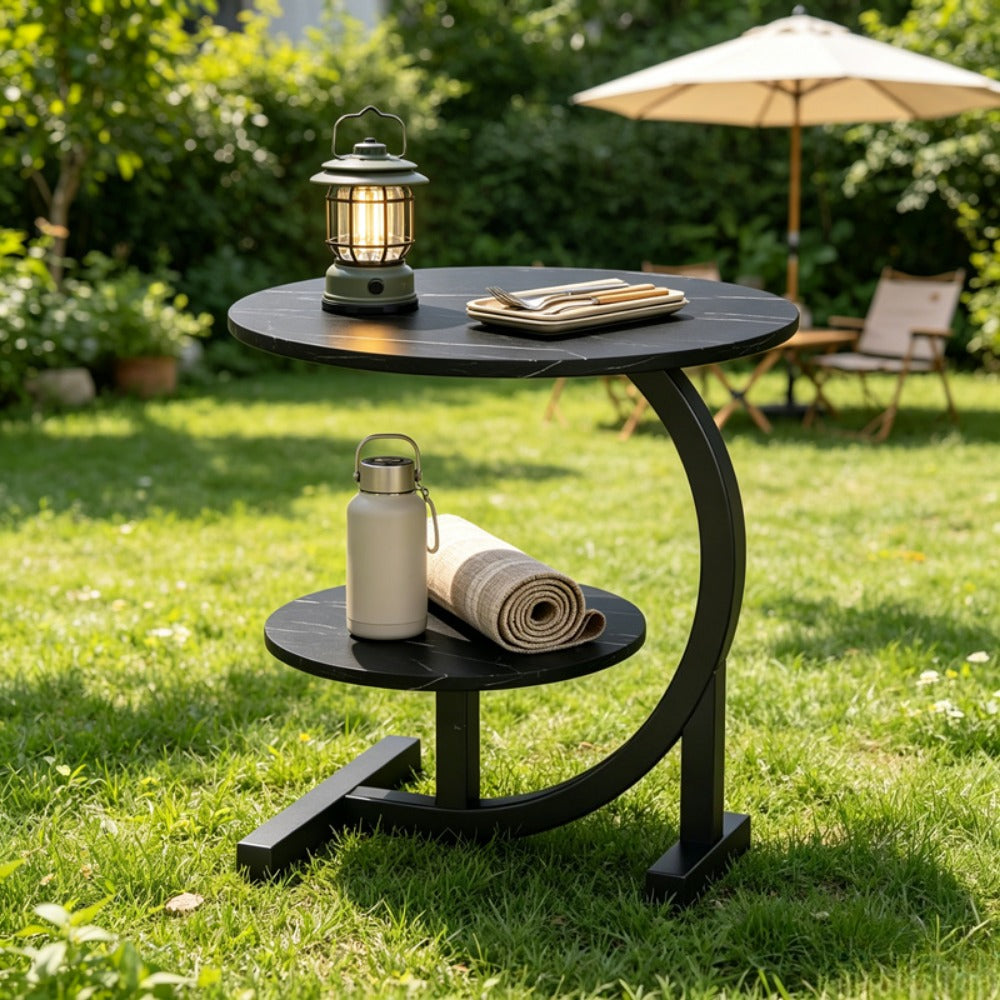 Outdoor Side Table 2-Tier C-Shaped Metal Frame with Faux Marble Top and Lower Shelf in Four Finishes