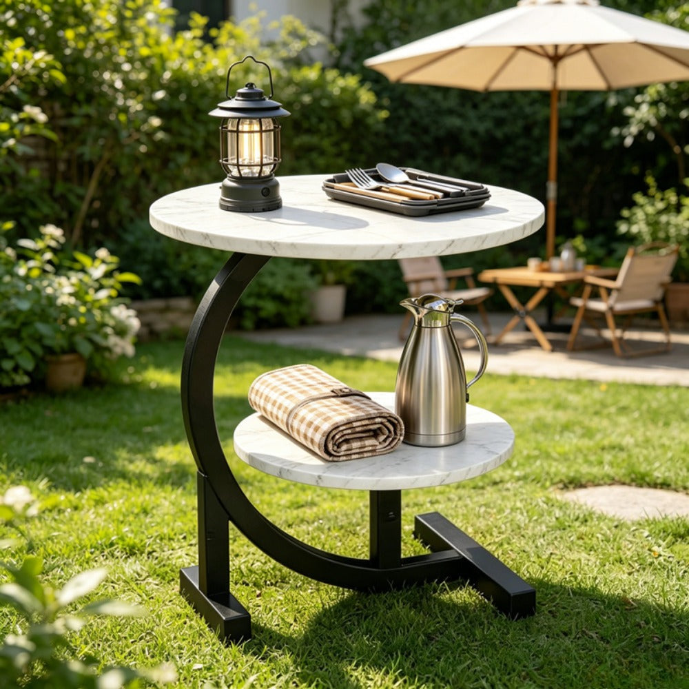 Outdoor Side Table 2-Tier C-Shaped Metal Frame with Faux Marble Top and Lower Shelf in Four Finishes