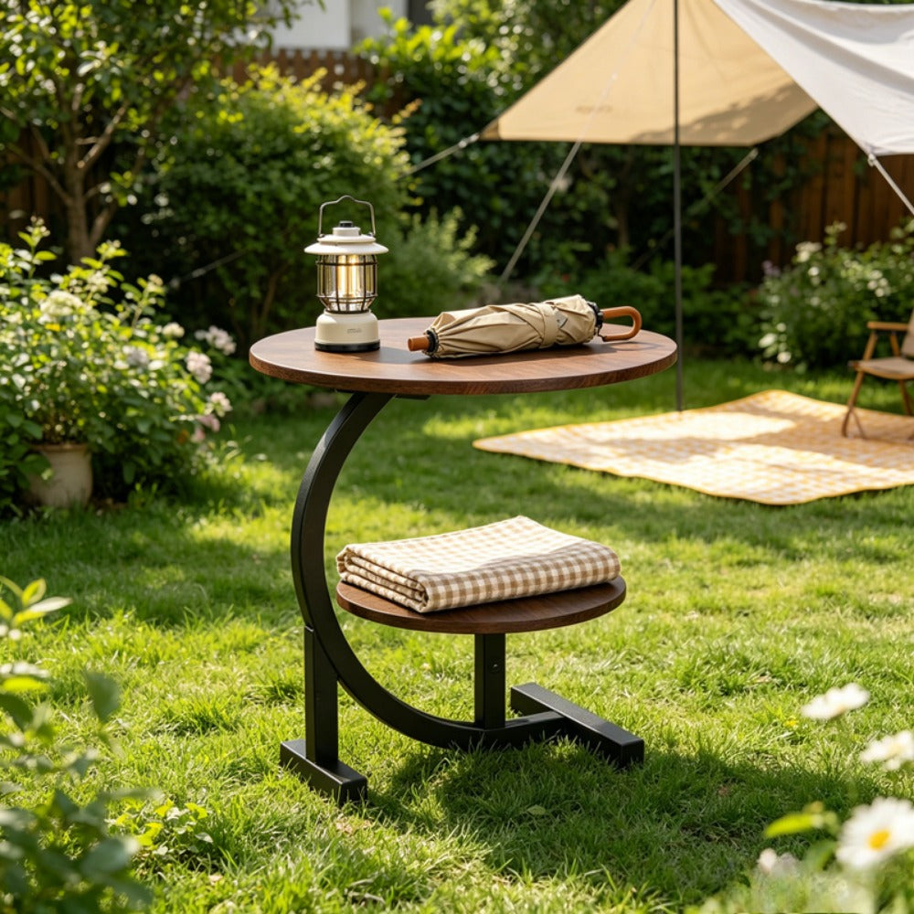 Outdoor Side Table 2-Tier C-Shaped Metal Frame with Faux Marble Top and Lower Shelf in Four Finishes