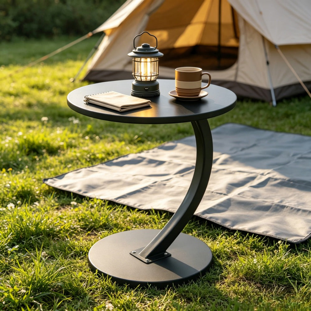 Outdoor Side Table 2-Tier C-Shaped Metal Frame with Faux Marble Top and Lower Shelf in Four Finishes