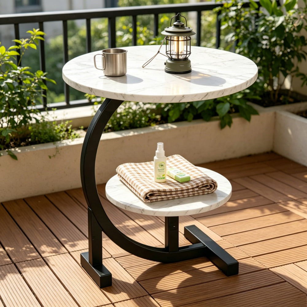 Outdoor Side Table 2-Tier C-Shaped Metal Frame with Faux Marble Top and Lower Shelf in Four Finishes