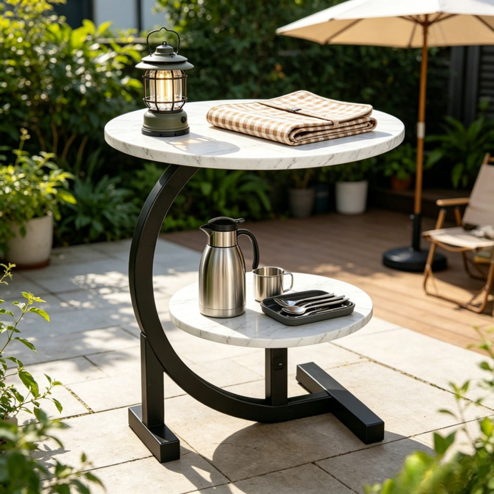 Outdoor Side Table 2-Tier C-Shaped Metal Frame with Faux Marble Top and Lower Shelf in Four Finishes