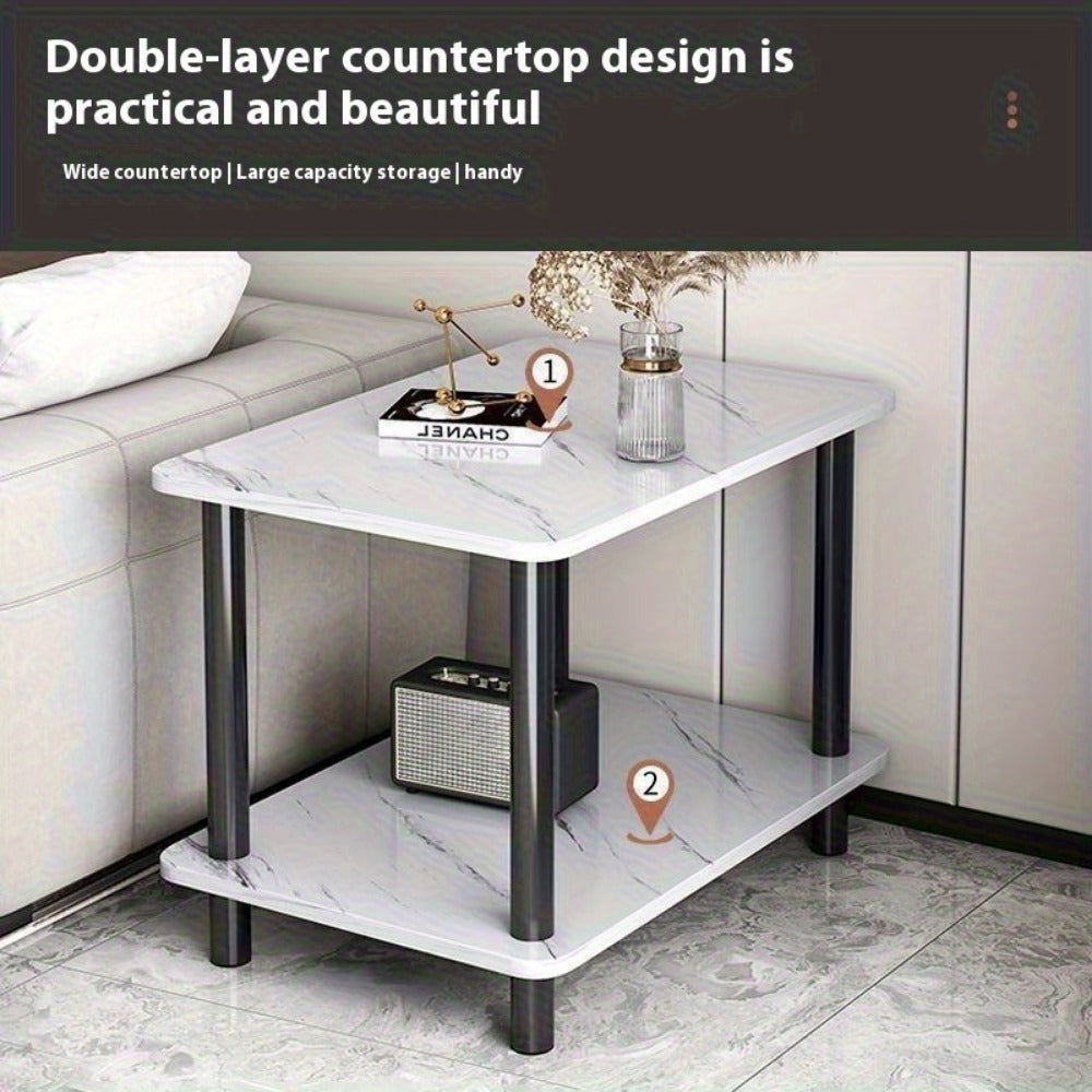 Side Table Two-Tier Faux Marble-Look Top with Open Lower Shelf in White, Black or Brown Finish