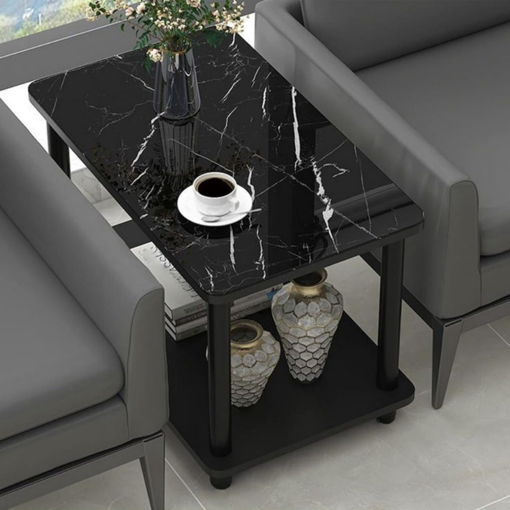 Side Table Two-Tier Faux Marble-Look Top with Open Lower Shelf in White, Black or Brown Finish