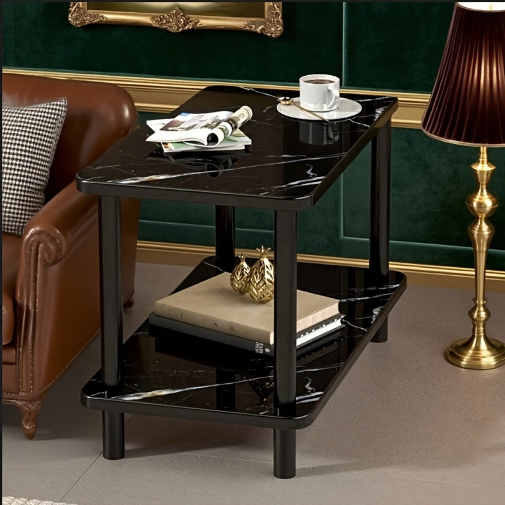 Side Table Two-Tier Faux Marble-Look Top with Open Lower Shelf in White, Black or Brown Finish