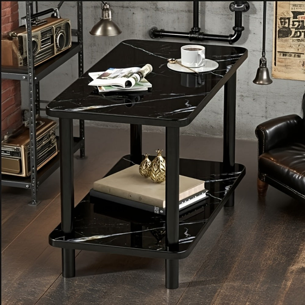 Side Table Two-Tier Faux Marble-Look Top with Open Lower Shelf in White, Black or Brown Finish